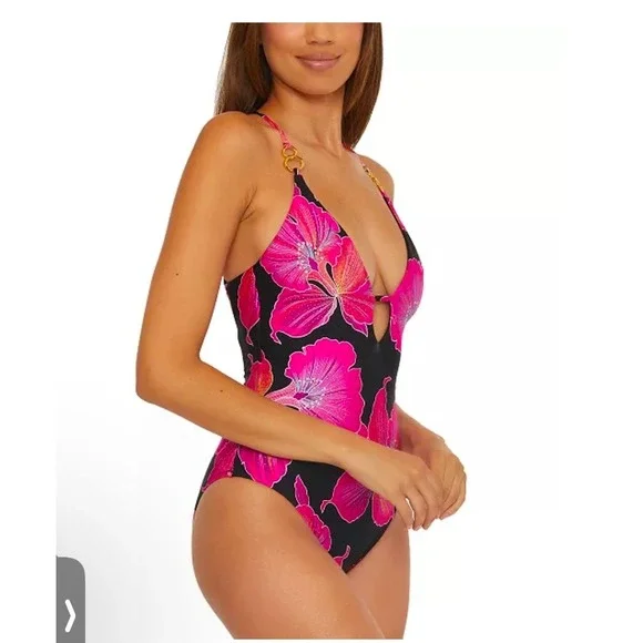 Trina Turk fleury pink black hibiscus flower one piece swimsuit size 14 new - Picture 5 of 14